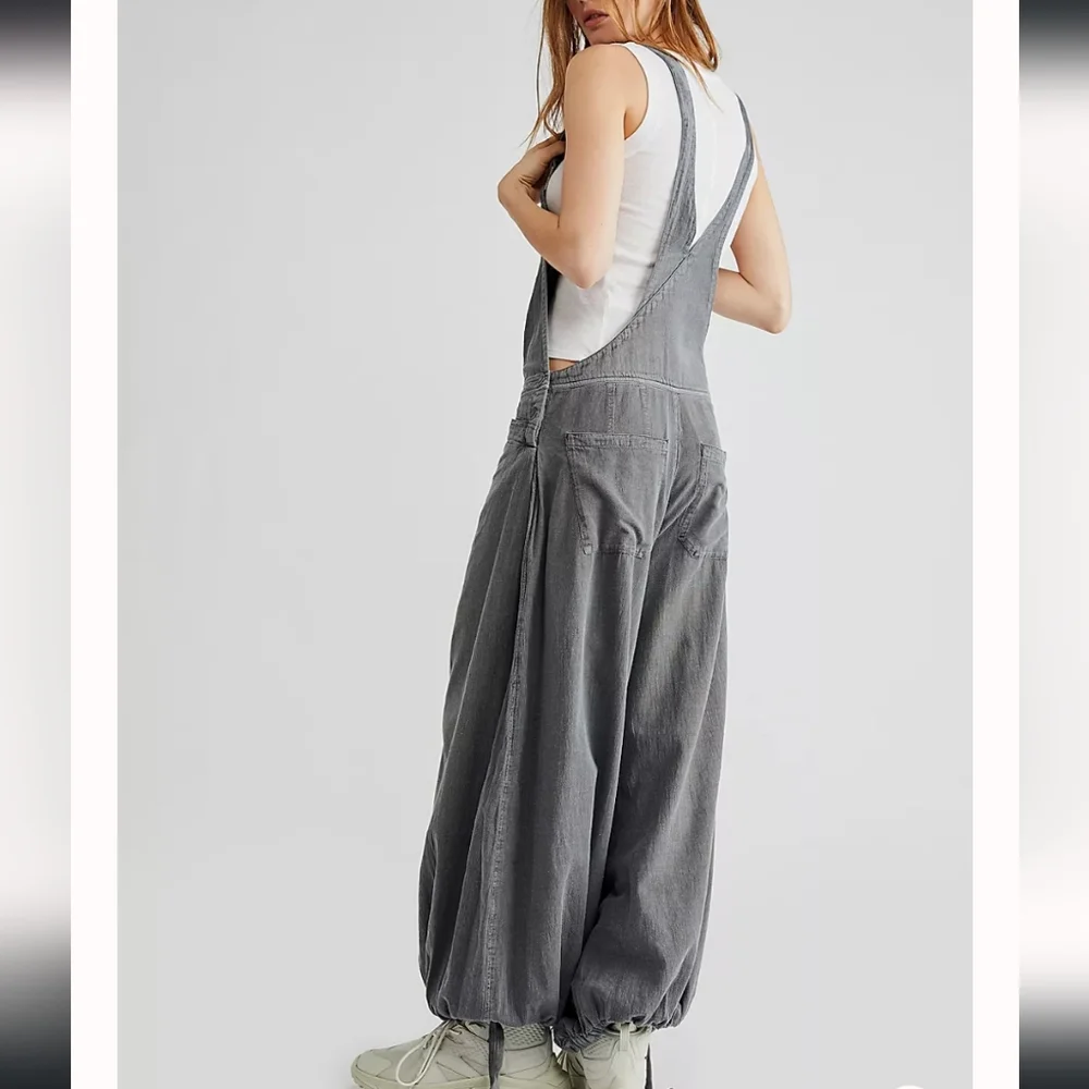 Free People Washed Gray Wide-Leg Denim Overalls. - Picture 2 of 10